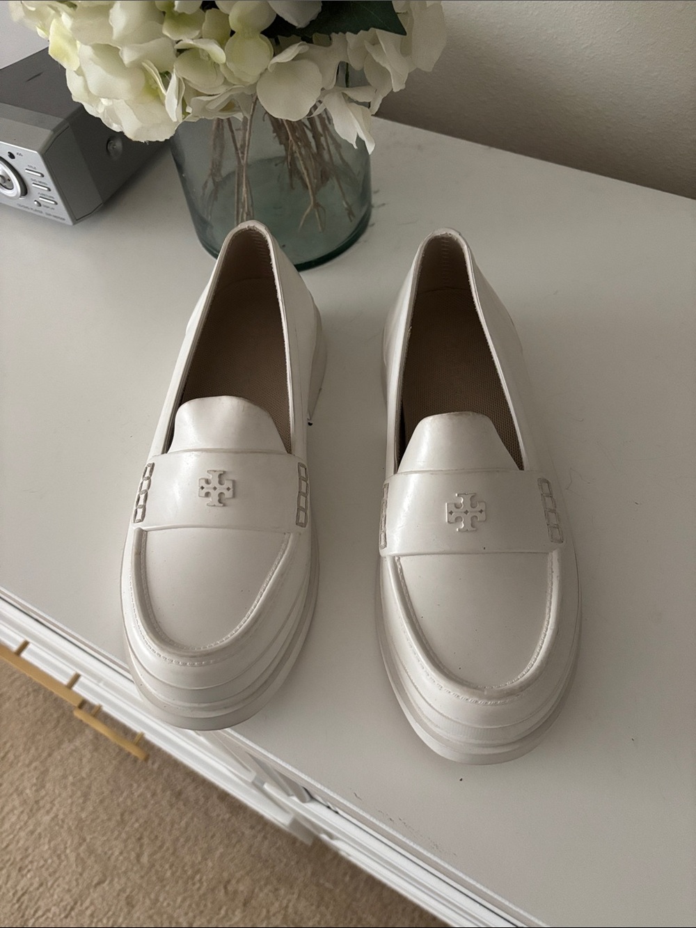 Tory Burch White Leather Platform Loafers with Logo